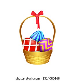 Basket of painted Easter eggs. Holiday gift for spring holiday. Can be used for topics like celebration, present, decoration