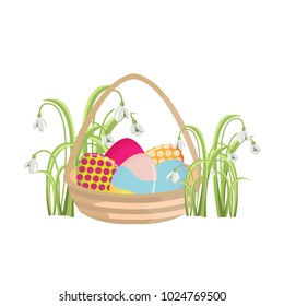 Basket with painted easter eggs. Easter. Vector object