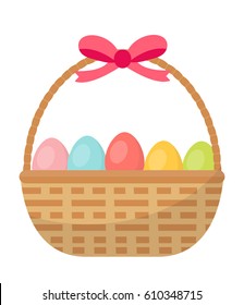 Basket with painted eggs. Easter basket icon, flat style. Isolated on white background. Vector illustration, clip-art