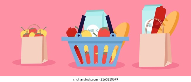 Basket and paper bags with food. Online purchase of food on the Internet. Local market and grocery store. Buy products online. Food delivery services. Fashionable hand-drawn vector banner design.
