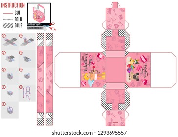 basket paper box template for valentines day cat and dog vector