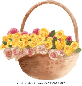 Basket with pastel wild flowers hand drawn watercolor illustration isolated on white background	