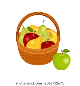 Basket with pears and apples. Vector flat illustration. Cartoon fresh ripe fruits. Food icon.