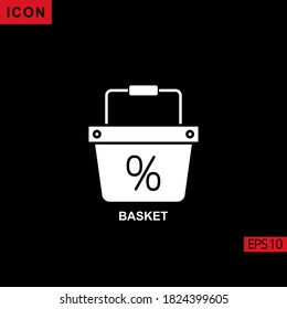 basket percentage vector icon on black background. Illustration flat glyph icon for graphic, print media interfaces and web design
