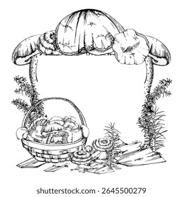 Cesta de cogumelos colhidos na casca com crescimento de líquen de musgo, talos de cavalinha. Copiar quadro de espaço desenhado à mão em tinta vetorial. Colheita florestal de fungos, ingrediente comestível cru para cozinha vegana, cartões de etiqueta de menu