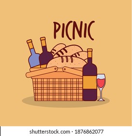 basket for a picnic with bottles and breads under a picnic lettering vector illustration design