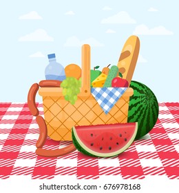 Basket for a picnic with fruit and various food. Vector illustration.