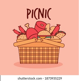 basket for a picnic with meat, burguers and tacos under a picnic lettering vector illustration design