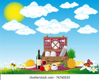basket for a picnic with tableware and foods on nature vector illustration