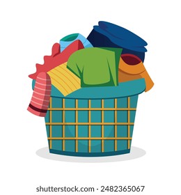 basket with pile of laundry isolated on white background