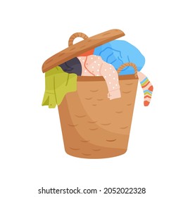 Basket With Pile Of Soiled Linens, Laundry Basket With Dirty Clothes And Lid. Vector Illustration In Flat Cartoon Style Isolated On White Background