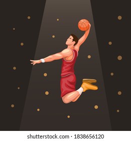 Basket player slamdunk under spotlight. sport athlete symbol concept in cartoon illustration vector