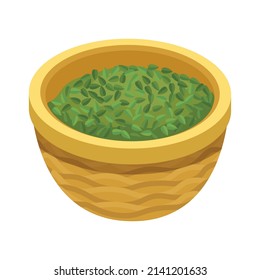 Basket with plucked green tea leaves on white background 3d isometric vector illustration