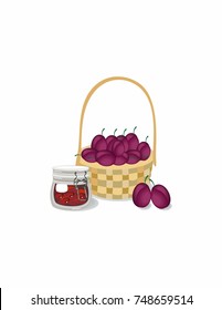 Basket with plum on white background