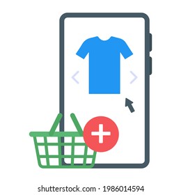 Basket with plus sign inside mobile, add ecommerce icon of flat style 