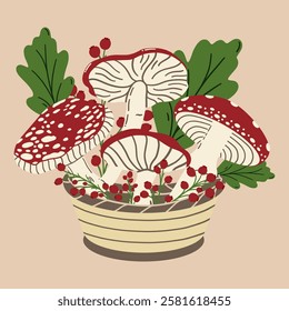 Basket with poisonous mushrooms in vector. Flat graphic vector illustration with fly agarics.