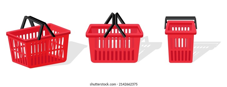 The basket for products is red.Vector illustration of a red supermarket basket in different angles.