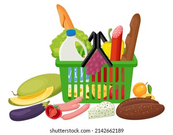 Basket with products.Vector illustration of a red supermarket basket with supermarket food.