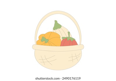 Basket of pumpkins. Autumn ripe vegetables harvest. Vector outline illustration on white background.