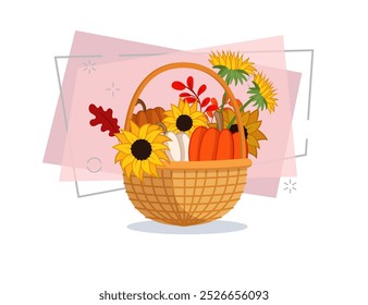 Cesta con calabazas y girasoles Ilustración vectorial sobre fondo abstracto. Dibujo de dibujos animados para el diseño de Anuncio. Otoño o otoño, cosecha, concepto de Acción de Gracias