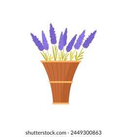 Cesta con flores moradas. Mercado de flores, floristería, ramos de flores Ilustración vectorial de dibujos animados