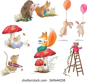 basket with rabbit, rabbit red apple in hand, rabbit balloon flying, the postman mouse, drinking tea and sitting fox, mouse painter, who decorate the ladder pig