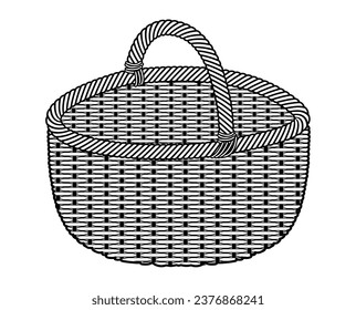 Basket Rattan bucket silhouette bag. Fashion accessory technical illustration. Vector Picnic Oval 3-4 view for Men, women, unisex style, flat handbag CAD mockup sketch outline isolated