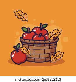 Basket of Red Apples with Autumnal Leaves. vector illustration