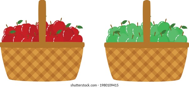 Basket with red apples isolated on white. Basket with green apples isolated on white. Vector illustration. 