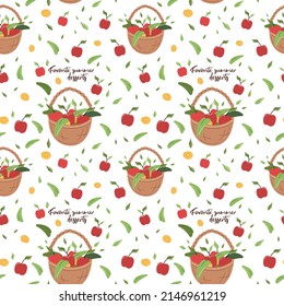 Basket with red apples. Seamless vector pattern. Flat isolated vector elements. Favorite summer desserts.