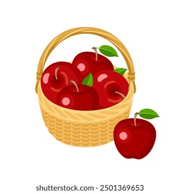 Basket with red apples vector flat illustration. Cartoon fresh fruit. Food icon.