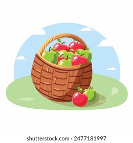 Basket of red and green apples. Autumn harvest. Vector illustration in flat style