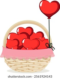 basket with red hearts without background