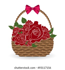 basket and red rose with bow vector on white background