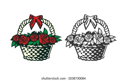 A basket of red roses. Flowers for her. Flower shop emblem