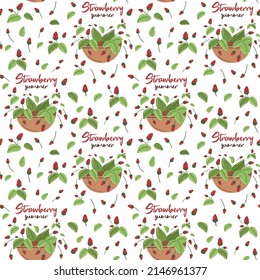 Basket with red strawberries and green leaves. Seamless vector pattern. Strawberry summer.