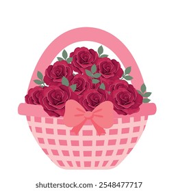 Canasta de rosas. Romántica canasta rosa llena de rosas rojas y hojas verdes adornadas con un lazo decorativo. Diseño para Anuncios, tarjetas, volantes, celebración, boda, invitación, Fondos de pantalla de redes sociales.