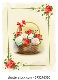 Basket  with roses.  Vintage birthday card. Holiday congratulation. Greeting card. Floral frame. Victorian style