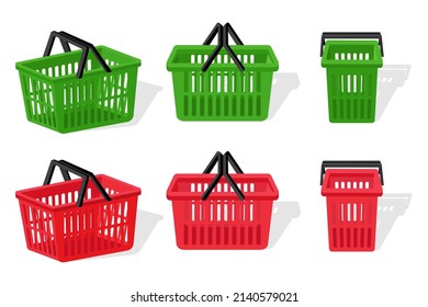 A basket set for red and green products.Vector illustration of a red supermarket basket in different angles.
