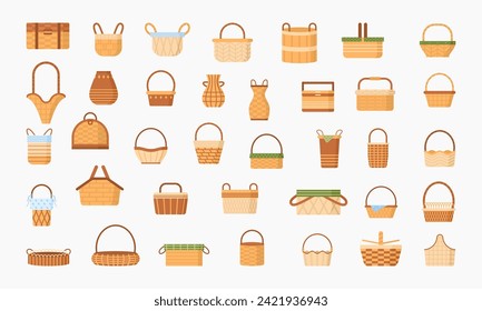 Basket set vector illustration. Cartoon isolated wooden, bamboo and straw empty basket collection with hampers of different shape, boxes for laundry storage and picnic, bags with handles for market