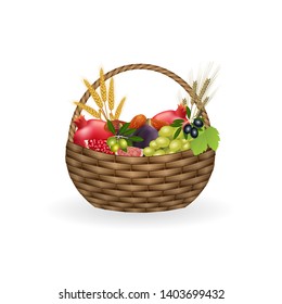  Basket with seven species of Israel: wheat, barley, pomegranate, grapes, figs, olives, dates. Without a background, isolated. Clip art for Jewish holiday Shavuot