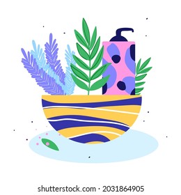 Basket with shampoo and lavender. Vector illustration.