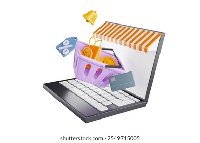 A basket with shopping bags and dollar coins inside, with discount coupons and credit cards next to it, floating out of a laptop in a store. 3D rendering.