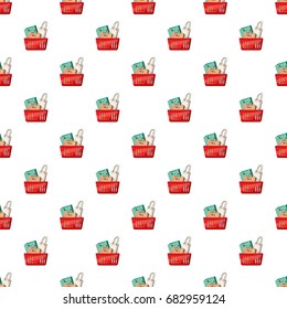 Basket of shopping bags pattern seamless repeat in cartoon style vector illustration