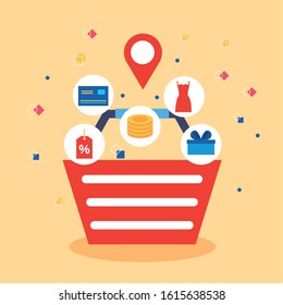 basket with shopping online technology vector illustration design