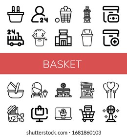 basket simple icons set. Contains such icons as Shopping basket, hours delivery, Laundry, Basket, Shopping mall, Store, Bin, Cash on delivery, can be used for web, mobile and logo