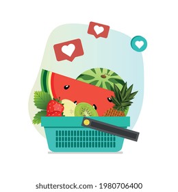 A basket with slices of fruit, drawn in a flat style. Ready-made illustration in vector