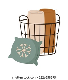 Basket with sofa pillows flat icon Christmas interior elements