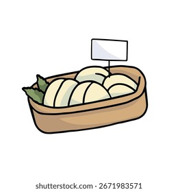 Cesta con quesos redondos suaves Ilustración vectorial dibujada a mano