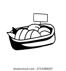 Cesta con quesos redondos suaves Ilustración vectorial dibujada a mano